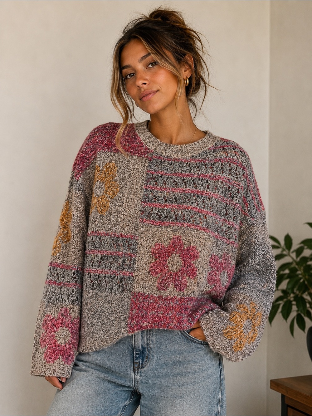 Sincerely Jules Chunky Knit Floral Patchwork Sweater Sz Large Pink Gray Boho